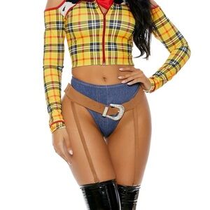 Yellow Plaid Off-Shoulder Top with Denim Belted Shorts